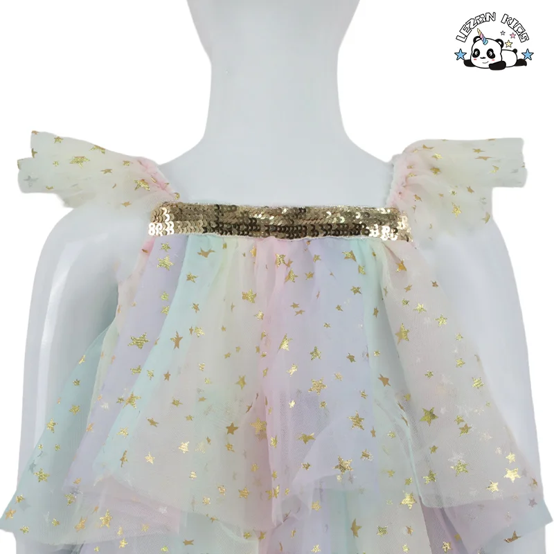 LEZONKIDS - Personalização OEM Novo 2024 Vestido de Meninas com Alça, Manga Voadora, Camadas, Estrela Brilhante, Impressão, Bolo, Vestido, Lindo, Pena